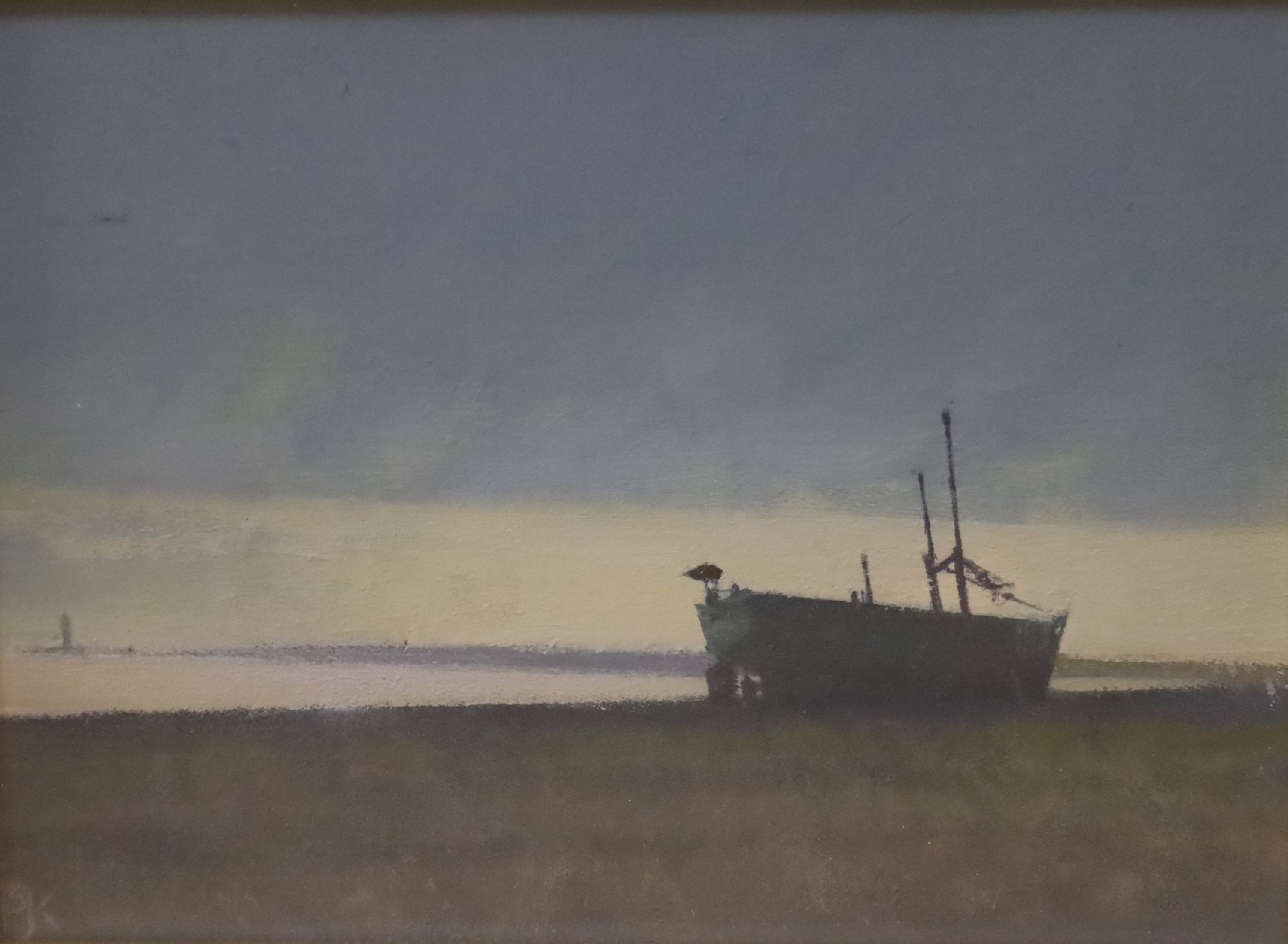 Peter Kelly (1931-), oil on canvas, 'The Fishing Boat', initialled, Catto Gallery label verso, 14 x 19cm